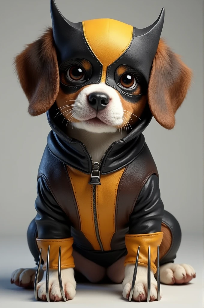 Create a bicolor beagle dog dressed as Wolverine