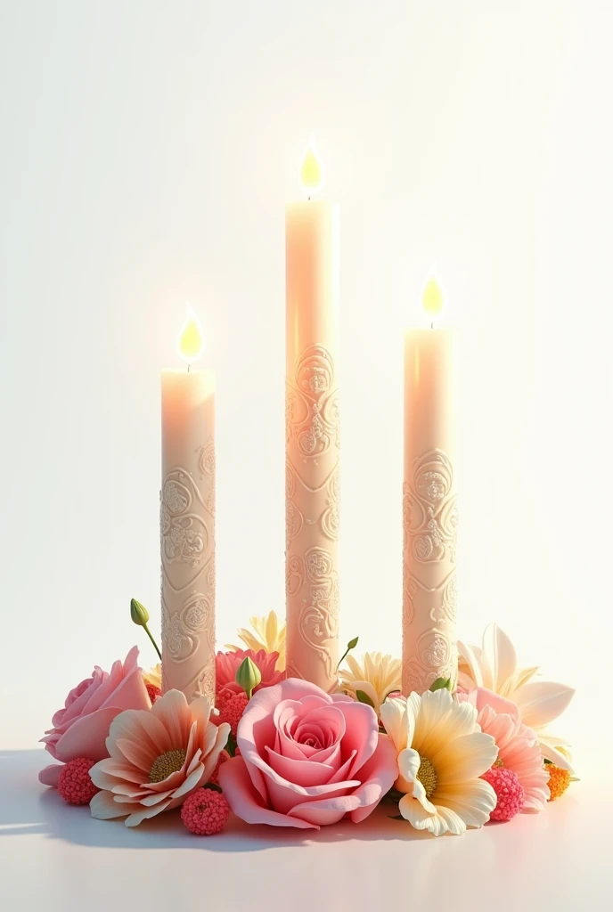 Generate an image of 3 candles with flowers below the candles, WITH WHITE BACKGROUND.