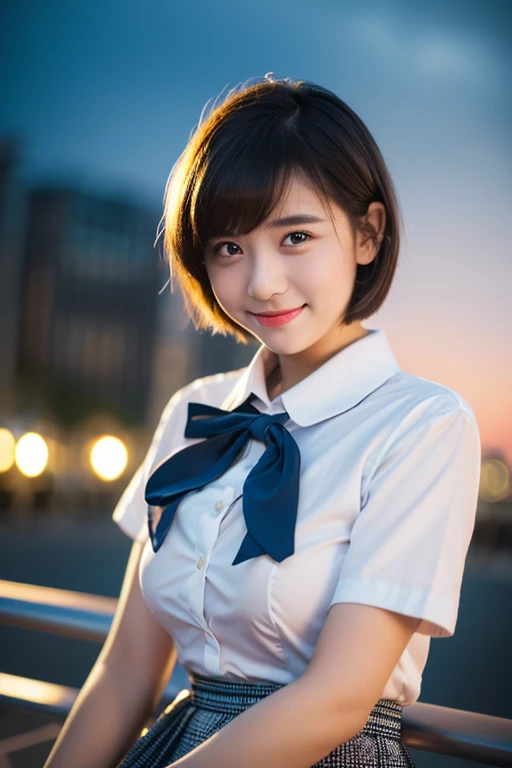 (8K, RAW photo, highest quality, masterpiece:1.2), (realistic, photo-realistic:1.37), super detailed,
1 girl,cute, alone,beautiful and detailed sky,Detailed cafe,night,sitting,date,(blush your nose),(smile:1.1),(closed mouth),big breasts, seductive smile, large aparture, professional lighting, Sony α7R4, Zessie 50mm F1.8,
medium breasts,beautiful and fine eyes,(collared shirt:1.1), bow tie,pleated skirt,(short hair:1.2),floating hair