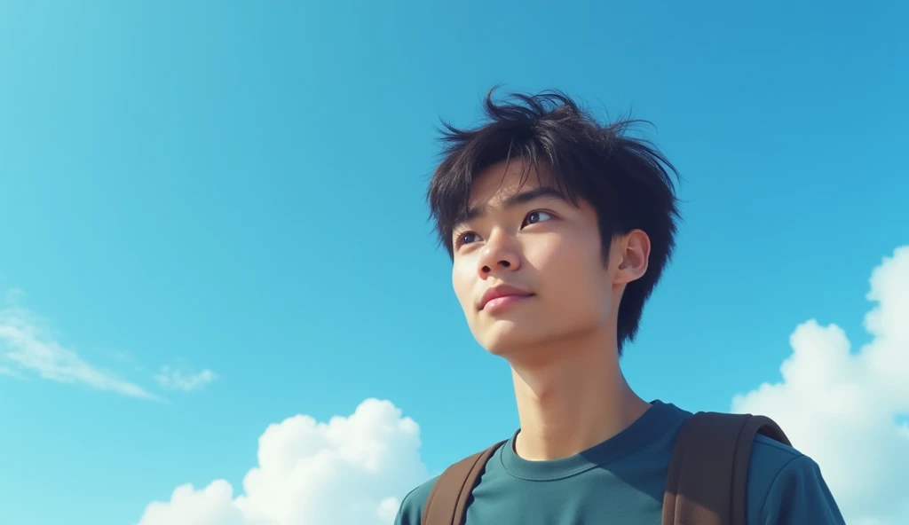 A male Japanese college student is looking into the distance with a bright expression,Excited, Long-distance portrait, Against the backdrop of blue sky, with a natural look, With a slightly tired look, tilt your face a little, Diagonal orientation, Average face