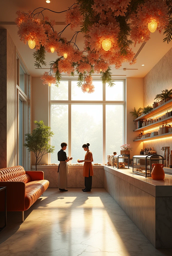 A 3D vision coffee shop with walls that tell you designs of flowers and leaves and marble requests