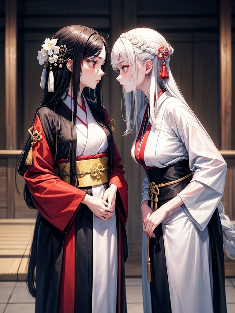 Girls couple. The first woman is tall, dominant woman, tanned, long straight black hair, athletic build. The other woman is submissive woman, short stature, Pale skin, long straight white hair, slender or fragile build. Feudal Japan. Kimono dressed
