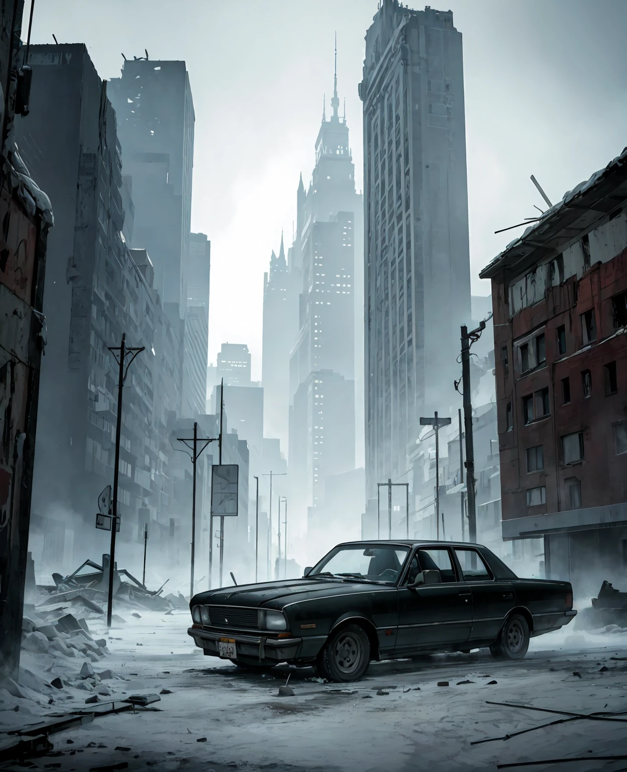 A frozen corpse, apocalyptic scene, decaying body, ruined city, crumbling buildings, abandoned cars, post-apocalyptic wasteland, overcast sky, muted colors, cinematic lighting, gritty realism, highly detailed, unnerving atmosphere, (best quality,4k,8k,highres,masterpiece:1.2),ultra-detailed,(realistic,photorealistic,photo-realistic:1.37),dystopian,dark fantasy,horror,cinematic