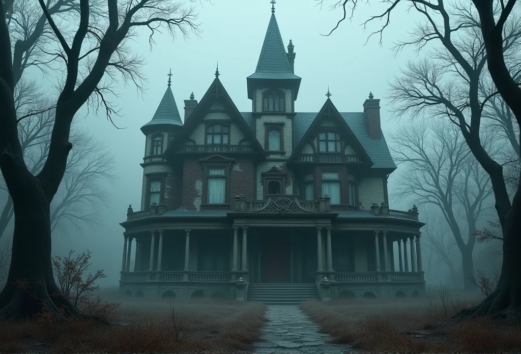 An abandoned, imposing Victorian mansion shrouded in thick fog, with gothic turrets, broken windows, and dried vines partially covering the walls. The surrounding forest is dense, with skeletal trees and twisted branches that seem to reach out to the house, as if trying to envelop it.