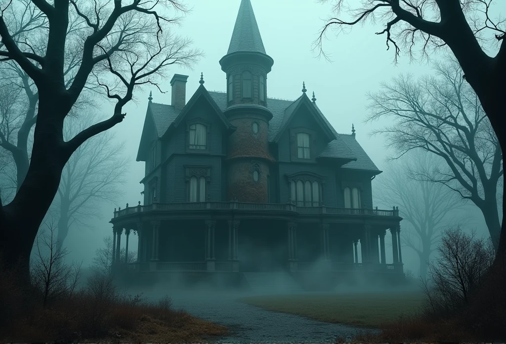 An abandoned, imposing Victorian mansion shrouded in thick fog, with gothic turrets, broken windows, and dried vines partially covering the walls. The surrounding forest is dense, with skeletal trees and twisted branches that seem to reach out to the house, as if trying to envelop it.