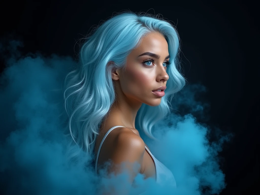 a beautiful biracial latina woman, long wavy light blue hair, light blue eyes, looking big blue fog in the air on the side, black background, Résolution Haute, Très détaillé, 