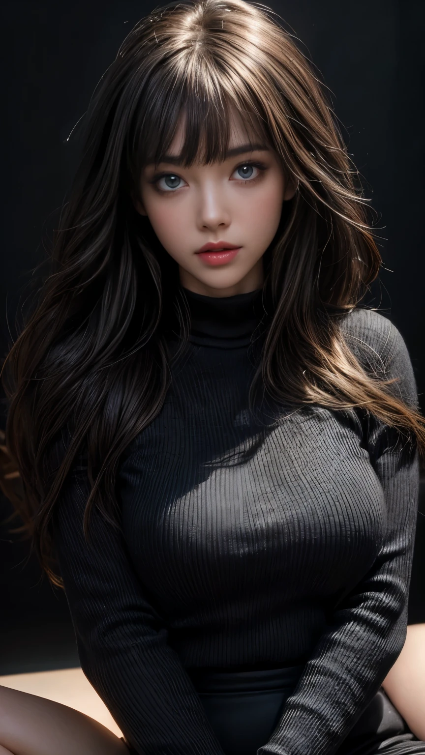 masterpiece, best quality, ultra-detailed, facing the camera head on, intricately detailed hyperdetailed, realistic, sharp features, highly detailed, sharp focus, perfect face, perfect face, perfect symmetrically perfect eyes, perfect full lips, flexible female form, cinematic, film light, hyper detailed, hyper realistic, masterpiece, atmospheric, high resolution, vibrant, dynamic studio lighting, nsfw, ((Dark background)), Sexy face, Facial expressions when receiving pleasure, straight Bangs, blue Eyes, black sweater,