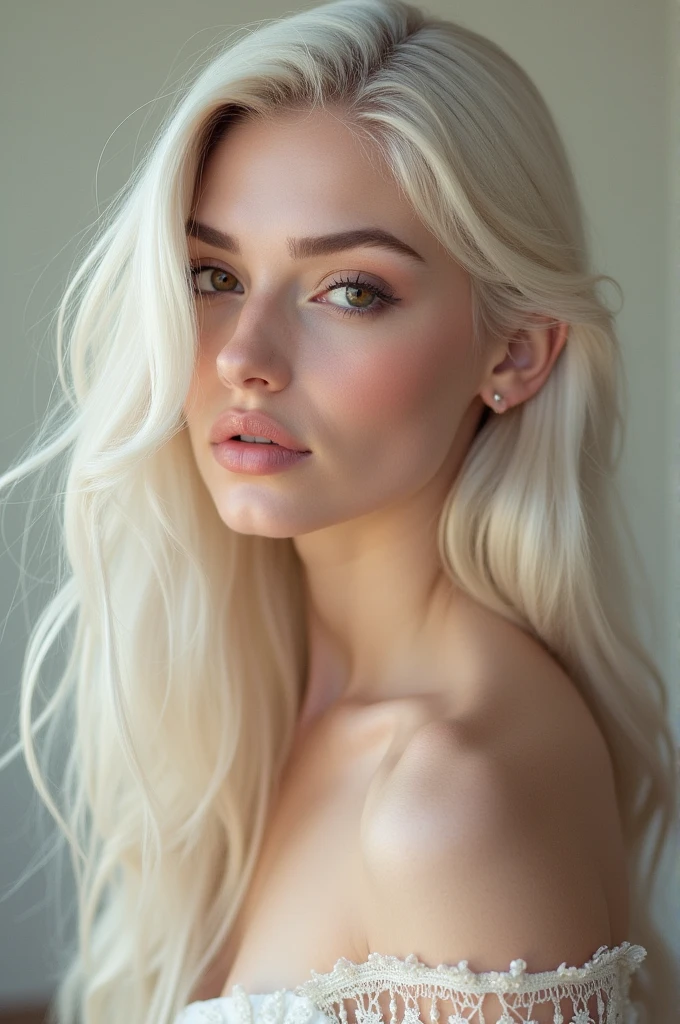 beautiful woman with platinum hair and burgundy thin dyed hair on the side of her hair