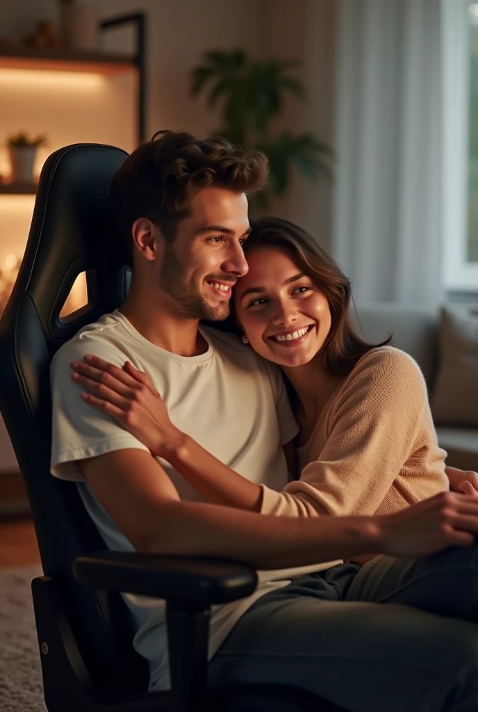 Boy in a gaming chair with his girlfriend leaning on him behind him and a room in the background, their front view