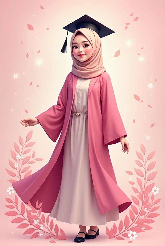 Fan art, consept art, A ,wearing hijab, wearing black graduation hat, in pink graduation gown, pink theme background, kawai theme background, leaf effect background, cute design, bright results