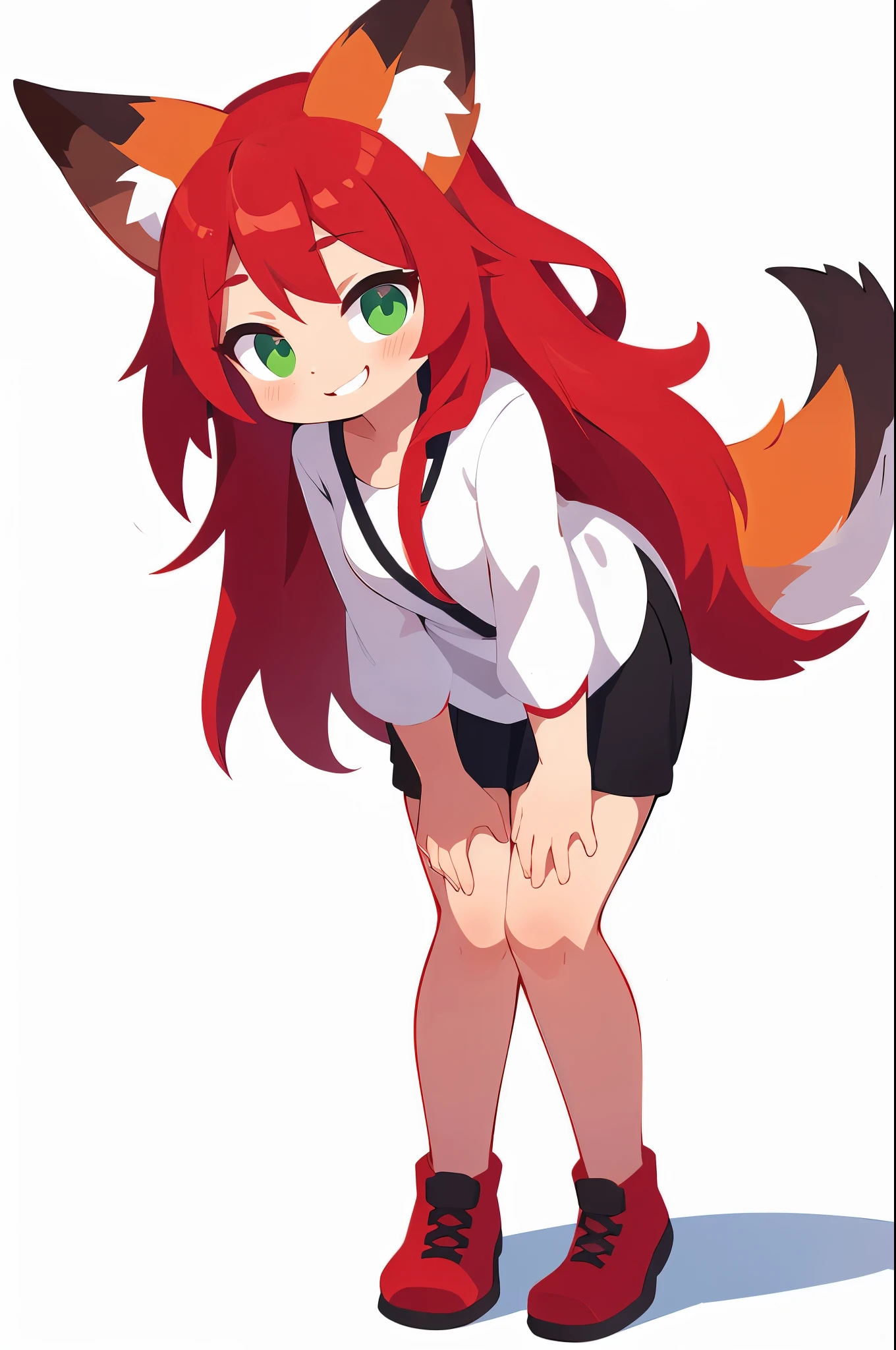 1girl, ((detailed)), red hair, long hair, green eyes, detailed eyes, cunning smile, red fox ears, red fox tail, white clothes, simple clothes, (full body), bent over, simple style, simple background, flat colors