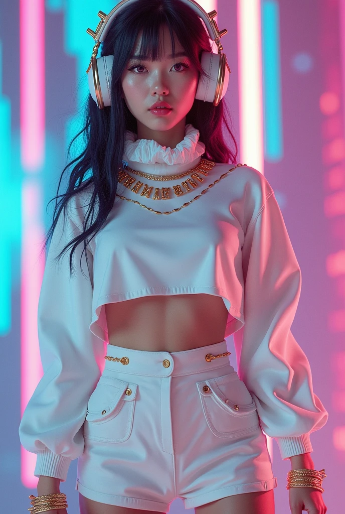 Gamer wearing a white long-sleeved cropped top and a short white tulle skirt with white socks and boots. Gold leather accessories with straps and studs. K pop headphone full body art