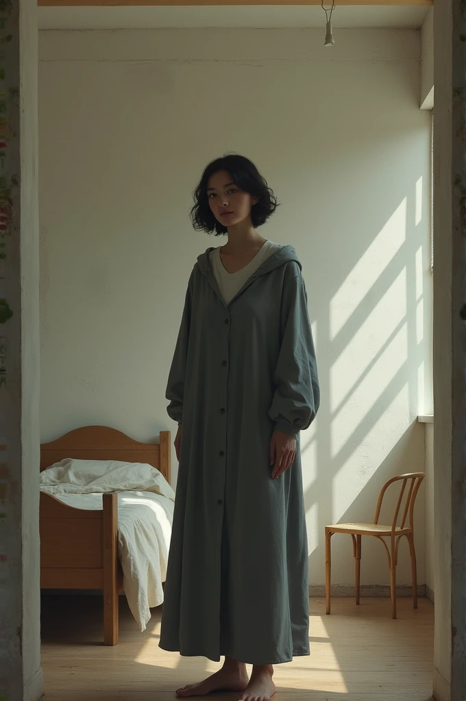 A woman in a bare house