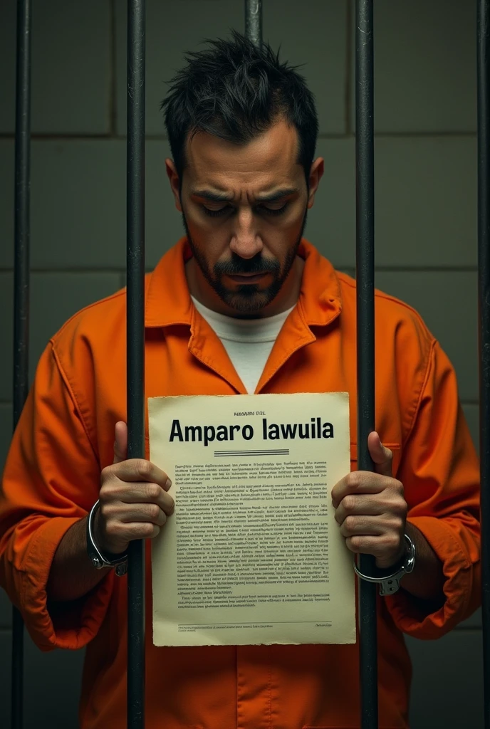 A male inmate dressed in orange, sad, handcuffed, Behind bars, showing a sheet of paper with text that says " Amparo lawsuit" Text in Spanish language