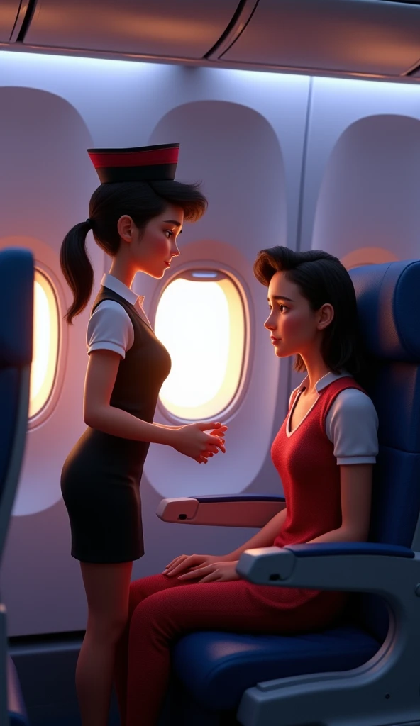 A flight attendant talking to a sad young woman setting on a seat in an airplane, 3d , pixar style, cinematic, masterpiece, realistic