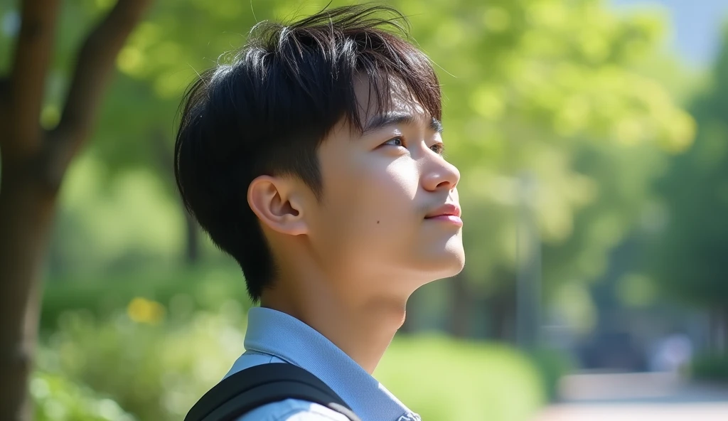 A male Japanese college student is looking into the distance with a bright expression,Excited, Long-distance portrait, with a park in the background, with a natural look, With a slightly tired look, tilt your face a little, Diagonal orientation, Average face