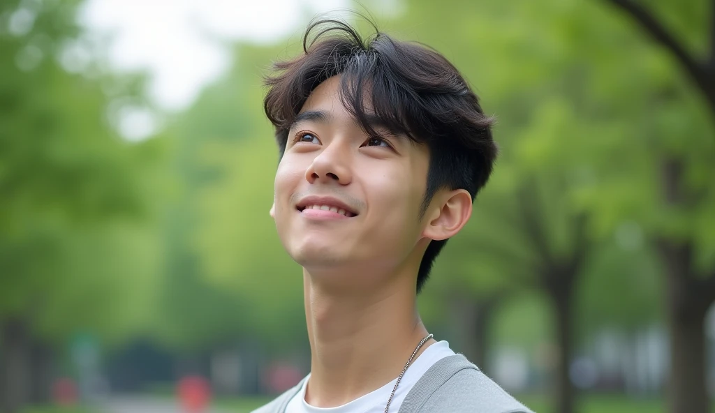 A male Japanese college student is looking into the distance with a bright expression,Excited, Long-distance portrait, with a park in the background, with a natural look, With a slightly tired look, tilt your face a little, Diagonal orientation, Average face