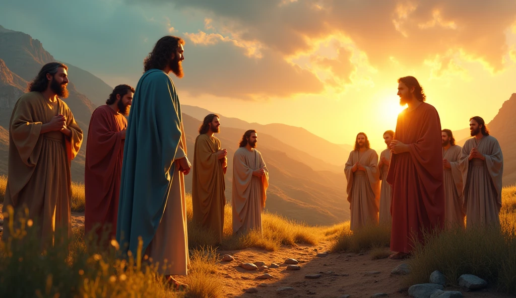 An inspiring scene of the apostles being called by Jesus. They are in a natural setting, with a backdrop of hills and blue sky. Colors are warm, with a golden touch of the setting sun. The apostles show surprise and reverence.