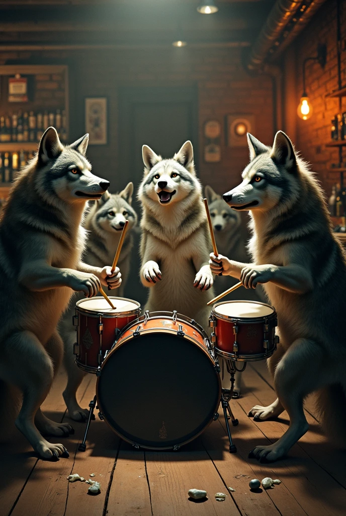 Pack of wolves in a bar playing drums
