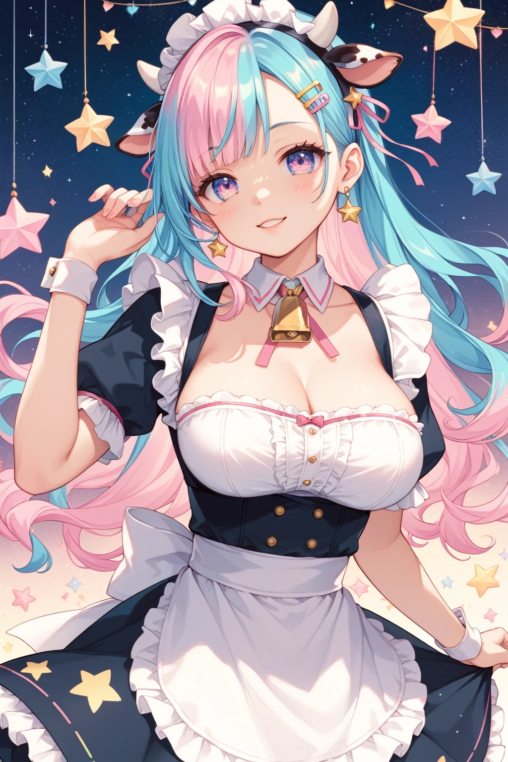 A masterpiece of a mature woman with big breasts, dressed in a pastel pink Japanese maid cafe outfit, with studio lights and beautiful shading, featuring kawaii elements like cow ears and pastel pink spots on ears, cute pastel colors, pastel blue rainbow hair with highlights, decorated with hairclips, ornaments, stars, hearts, and a cowbell. The image should have ultra detailed and best quality, with cinematic lighting and an adorable, decora style with many accessories.