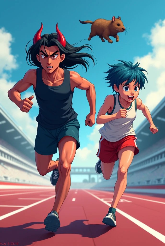 Create a man with beautiful long black hair, red eyes and anime-style devil horns running on a race track next to a young adult with short, messy blue hair, slightly tanned skin and a smile as he is chased by a flying capybara.