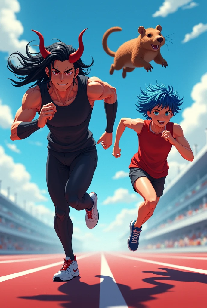 Create a man with beautiful long black hair, red eyes and anime-style devil horns running on a race track next to a young adult with short, messy blue hair, slightly tanned skin and a smile as he is chased by a flying capybara.