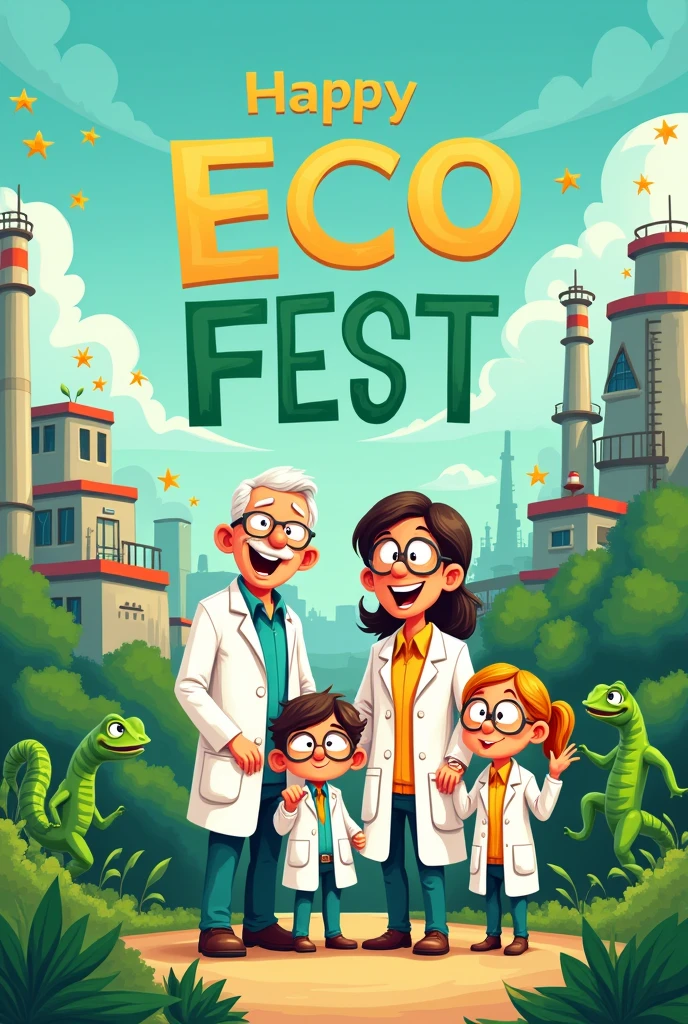 Family of workers with white coats, outside of analitycal laboratory, out side of a petroleum refinery, toon, vivid color, specially green , draw one green iguanas, children, grandpa, granma,no reallistic, called "ECO FEST", toon