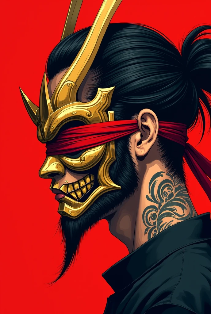 Anime styled A close-up illustration of a man in profile, wearing an elaborate gold and red samurai-inspired mask with horns. His dark hair is styled in a samurai style and his eyes tied with red material, and intricate tattoos are visible on his neck. The background is a string solid red, enhancing the dramatic and cultural aesthetic of the piece
