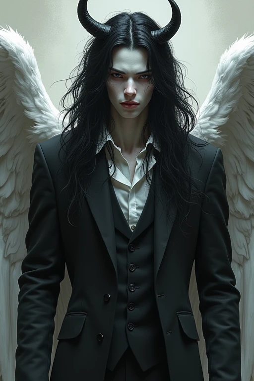 Zackery is an enigmatic and fascinating masculine being. His pale skin contrasts with his long black hair that falls in a cascade, almost as if he were made of shadows. His cat ears give him a mischievous air, while the goat and demon horns add a touch of mystery. His red eyes, they seem to absorb light, and his cold gaze can make anyone feel a little uneasy. Despite his imposing height, he dresses formally, which gives him an air of sophistication. His teeth are perfect, as if they were sculpted by an artist, and his excellent physique makes him stand out even more. and, As if that weren't enough, he wears majestic angel wings that give him a celestial air, although his distant attitude makes him seem more like a fallen angel.