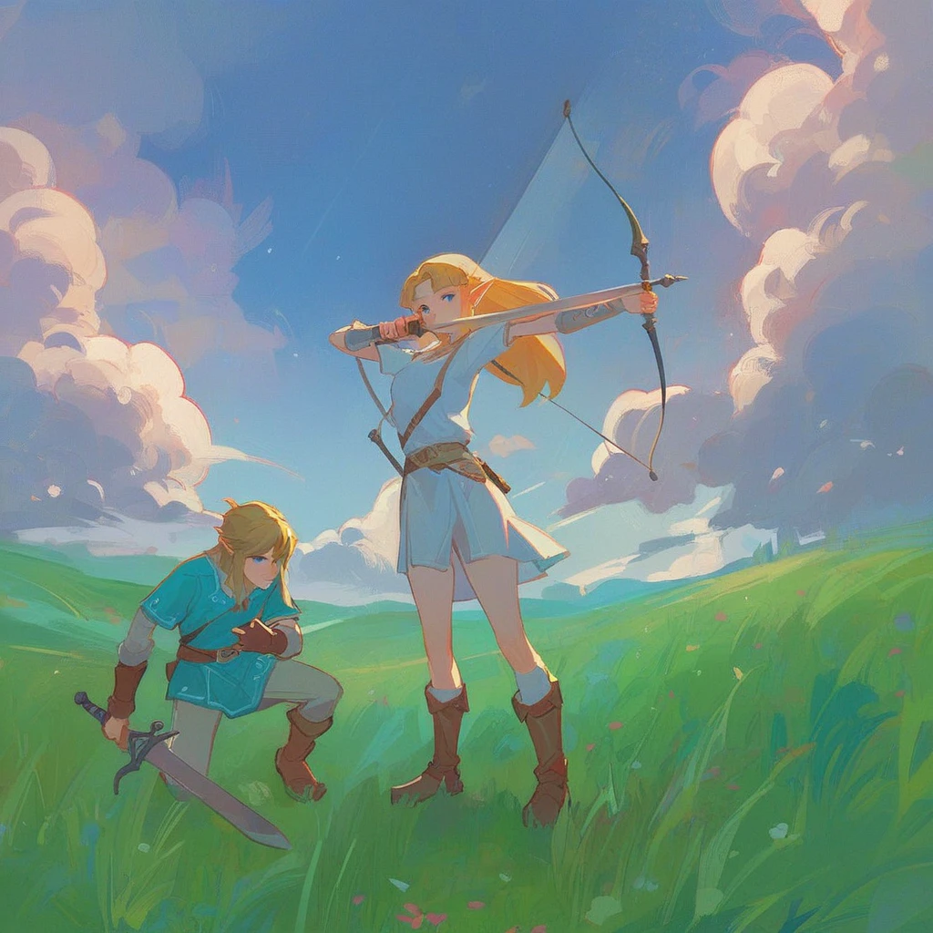 link blue outfit crouching, holding sword, zelda white dress standing, stretching bow, hyrule grass field, clouds