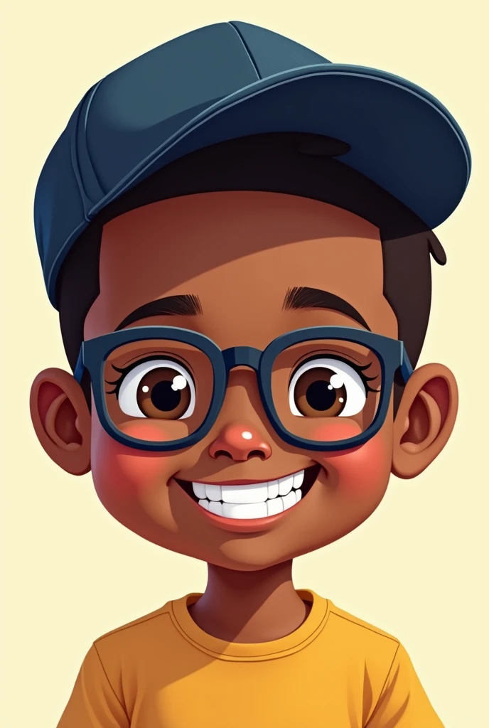 Create a vector with the face of a dark-skinned boy wearing glasses and a cap, smiling 
