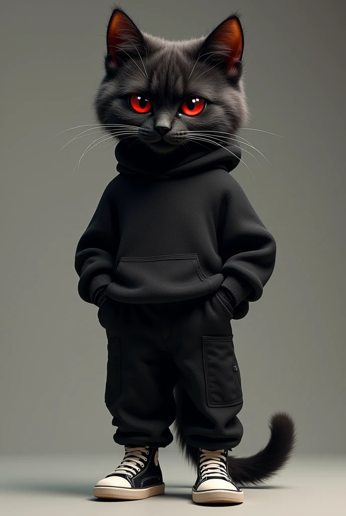 Puss in boots, black male emotionless cat, small size, furry, anthropomorphic, dark red eyes, handsome guy, with black sweater and long pants, sneackers, standing