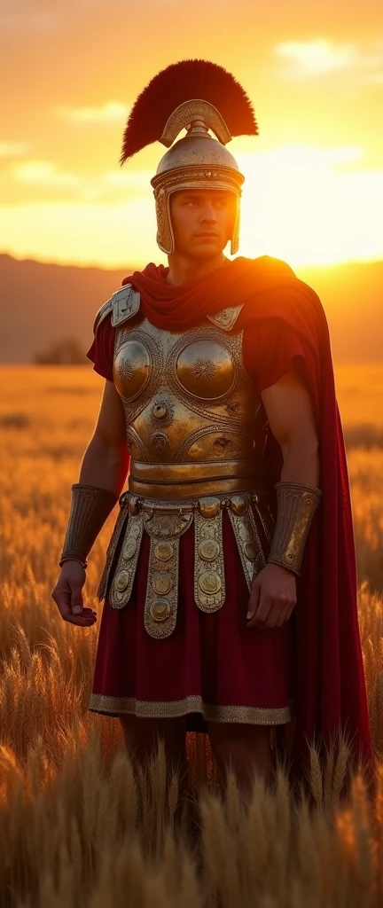 An ultra-realistic, highly detailed image of a Roman man dressed in the attire of a soldier of the Roman Empire, prepared for war. He is positioned in a vast field of wheat at sunset. The image has a prize-winning quality, with a bokeh effect creating a soft blur in the background, and a halo of light around the subject. The scene is captured with a Nikon D850 paired with a 70-200mm f/2.8E FL ED VR lens, ensuring stunning clarity and rich colors. The lighting is warm and golden, casting long shadows and highlighting the intricate details of his armor and the surrounding wheat field. The aspect ratio is 9:21, emphasizing the vertical composition 