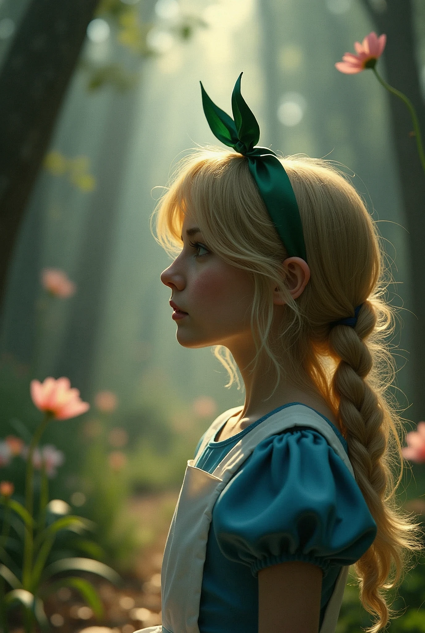 Alice in Wonderland』paint the rabbit and Alice appearing、capturing a moment of deep contemplation。Cheshire Cat、clock、the queen of hearts、Caterpillar、A white rabbit、Trump、in the midst of Wonderland、Such。the lighting should be soft yet dramatic、casting gentle shadows that emphasize the depth of her thoughts。her hair is slightly tousled as if she's been on a long journey、the iconic green headband is slightly askew、adding a pensive mood。the color palette should be a mix of soft pastels and dark, introspective tones、creating a balance of innocence and the complexity of her mind。
