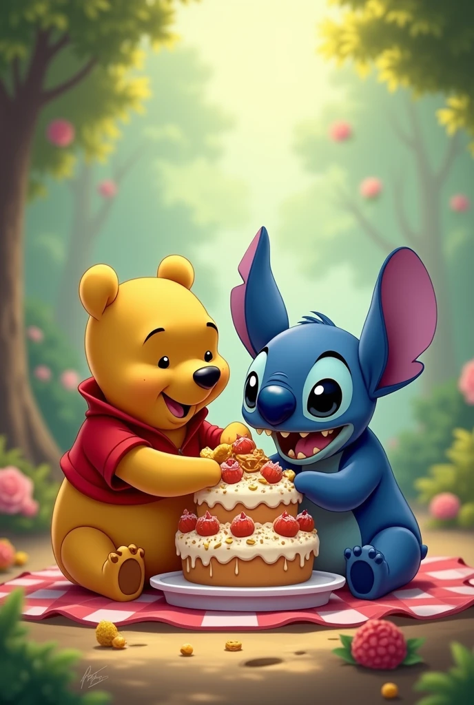 Winnie the Pooh and Stitch eating cake, colorful, 2D animated, happy