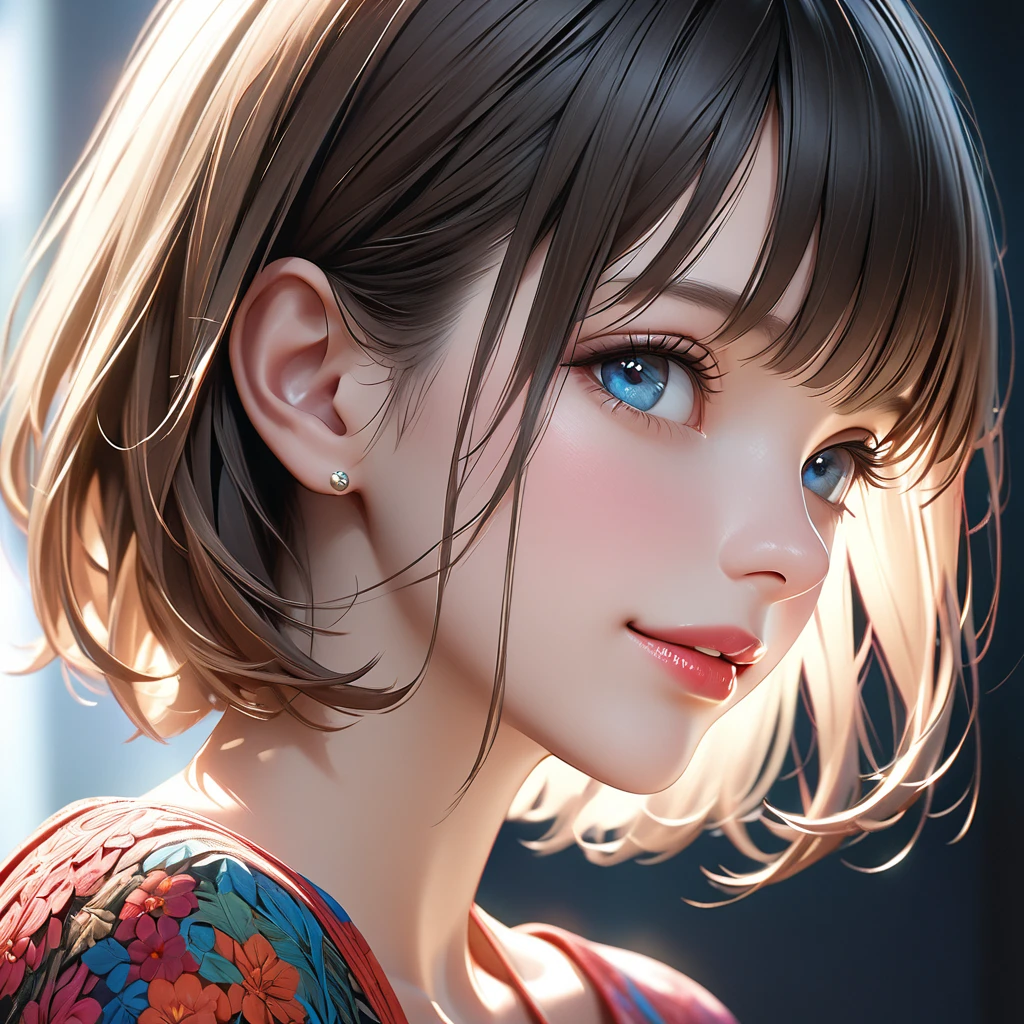 1girl, detailed portrait, beautiful detailed eyes, beautiful detailed lips, extremely detailed face, short hair with bangs, looking at viewer, smiling, simple background, accessories, shallow depth of field, high quality, side profile, hyperrealistic, photorealistic, masterpiece, (best quality,8k,highres,detailed),(photorealistic:1.37),(extremely detailed:1.2),extremely detailed rendering, natural lighting, vivid colors, elegant, cinematic