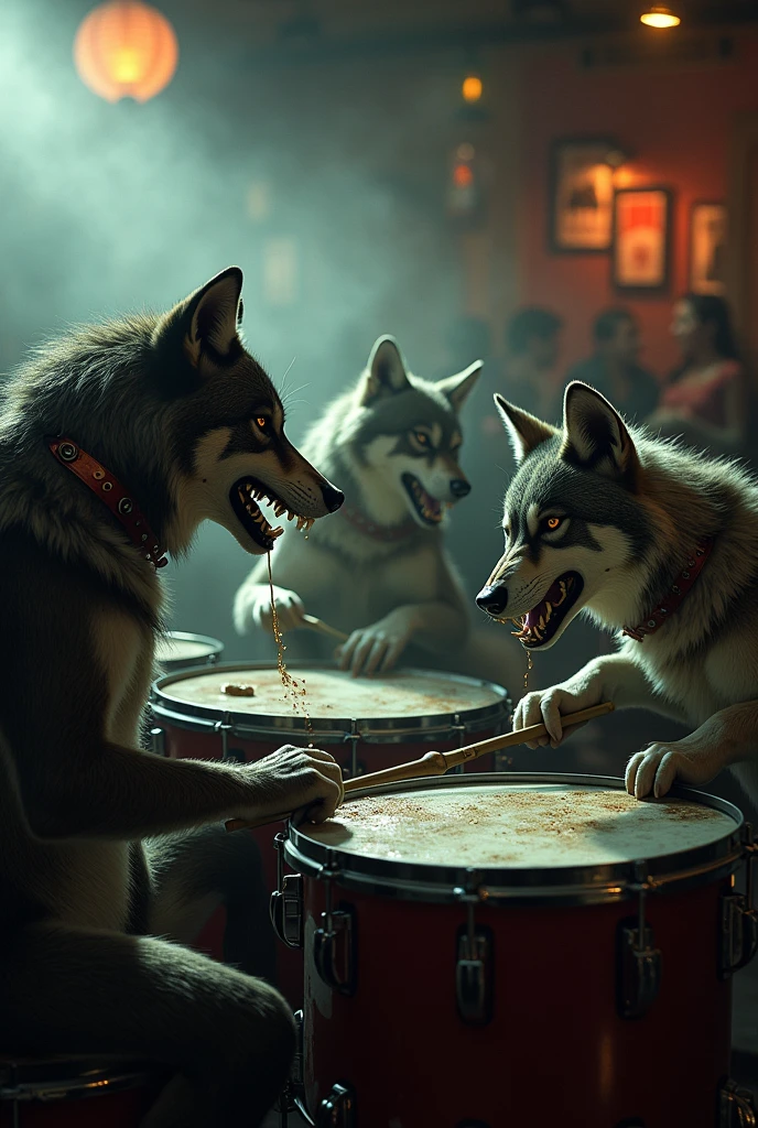 Pack of wolves in a bar playing drums