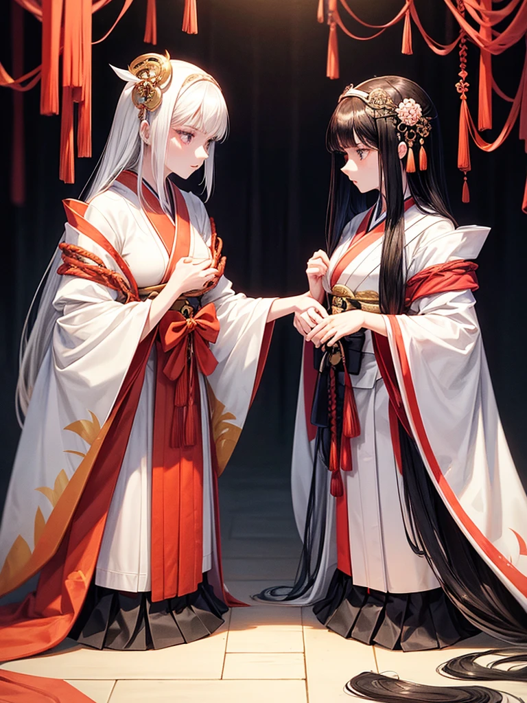 Girls couple. The first woman is tall, dominant woman, tanned, long straight black hair, athletic build. The other woman is submissive woman, short stature, Pale skin, long straight white hair, slender or fragile build. Feudal Japan. Kimono dressed