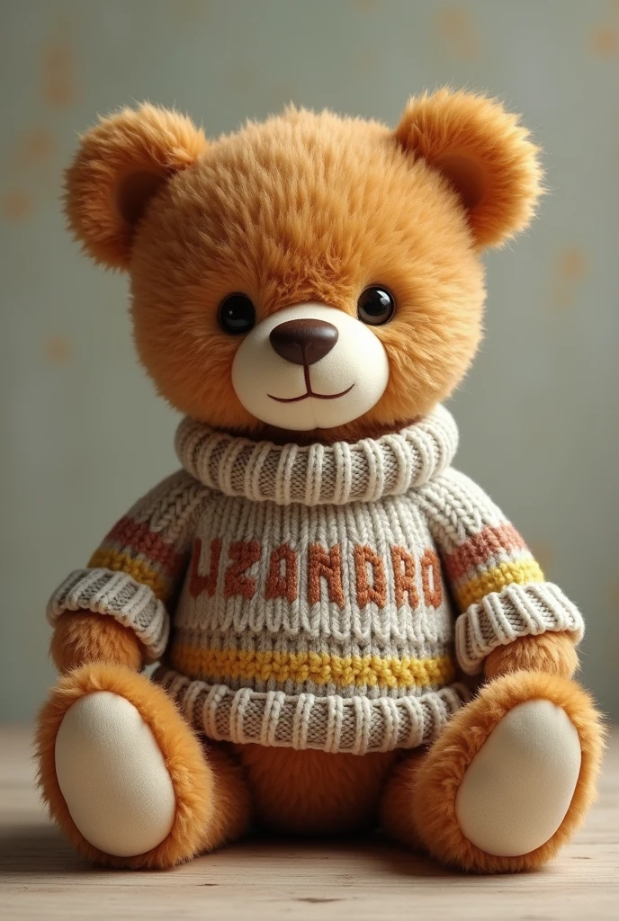 Teddy bear with a sweater that says LIZANDRO