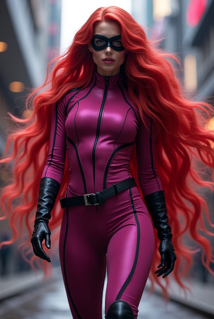 Beautiful woman with abundant, extremely long, six-foot-long, prehensile red hair, fuchsia jumpsuit, black gloves and knee-high boots, black eye mask, Marvel universe.