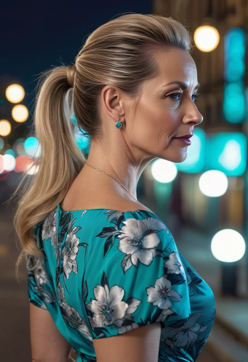 Close-up, 8K quality, realistic image of a beautiful 45 year old European woman with long blonde hair tied back in a ponytail. She had a curvy body with slightly larger breasts and was wearing a turquoise floral patterned blouse and a short skirt. He stood in the city at night, with the soft city lights illuminating him. The background features city buildings, street lights, and a lively night scene, highlighting its calm and elegant presence in the urban environment.