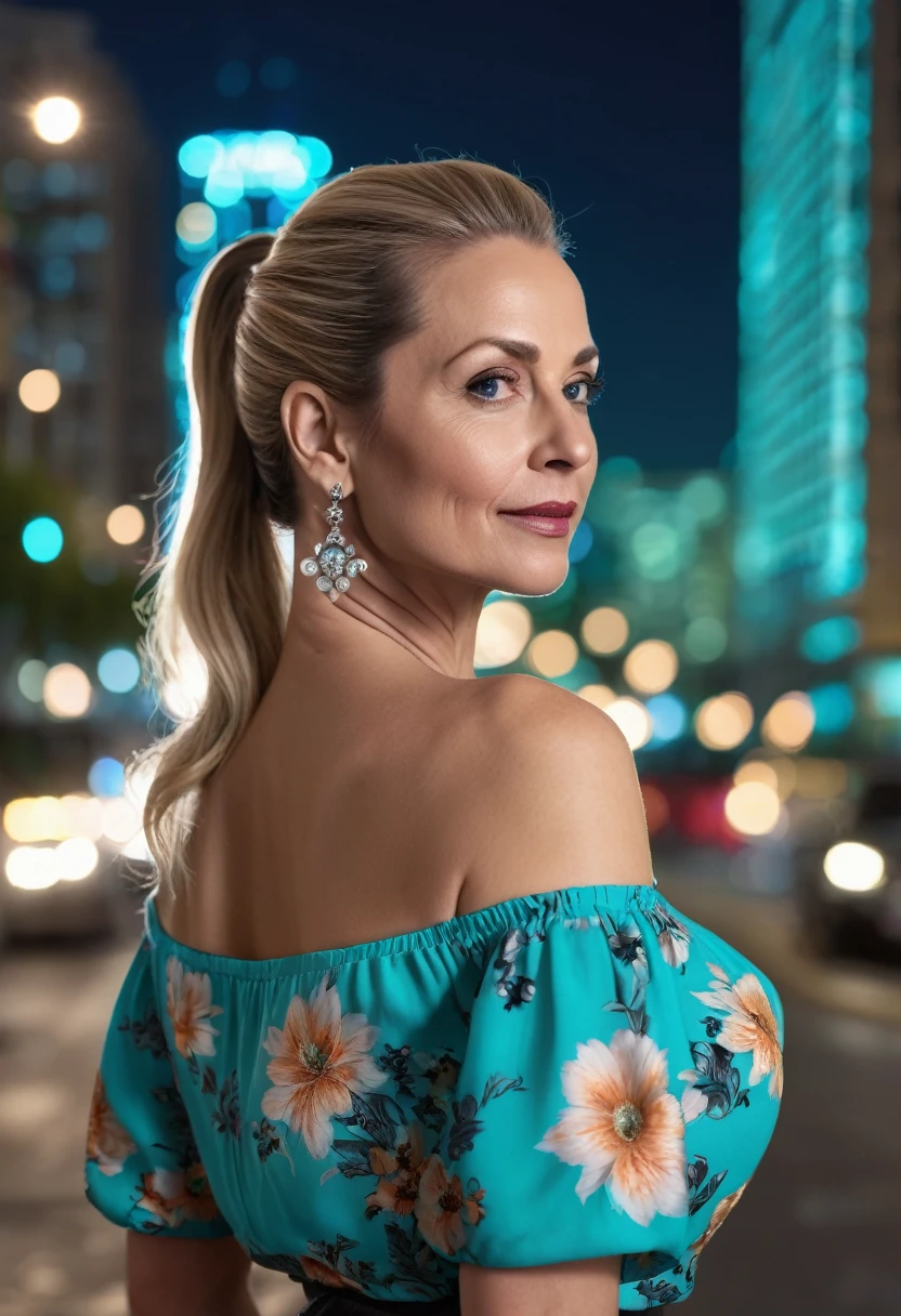 Close-up, 8K quality, realistic image of a beautiful 45 year old European woman with long blonde hair tied back in a ponytail. She had a curvy body with slightly larger breasts and was wearing a turquoise floral patterned blouse and a short skirt. He stood in the city at night, with the soft city lights illuminating him. The background features city buildings, street lights, and a lively night scene, highlighting its calm and elegant presence in the urban environment.