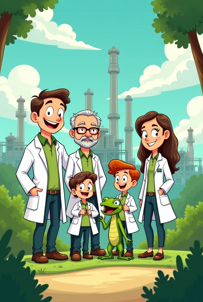 Family of workers with white coats, outside of analitycal laboratory, out side of a petroleum refinery, toon, vivid color, specially green , draw one green iguanas, children, grandpa, granma,wife, housband,no reallistic, called "ECO FEST", toon
