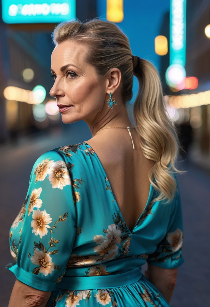 Close-up, 8K quality, realistic image of a beautiful 45 year old European woman with long blonde hair tied back in a ponytail. She had a curvy body with slightly larger breasts and was wearing a turquoise floral patterned blouse and a short skirt. He stood in the city at night, with the soft city lights illuminating him. The background features city buildings, street lights, and a lively night scene, highlighting its calm and elegant presence in the urban environment.