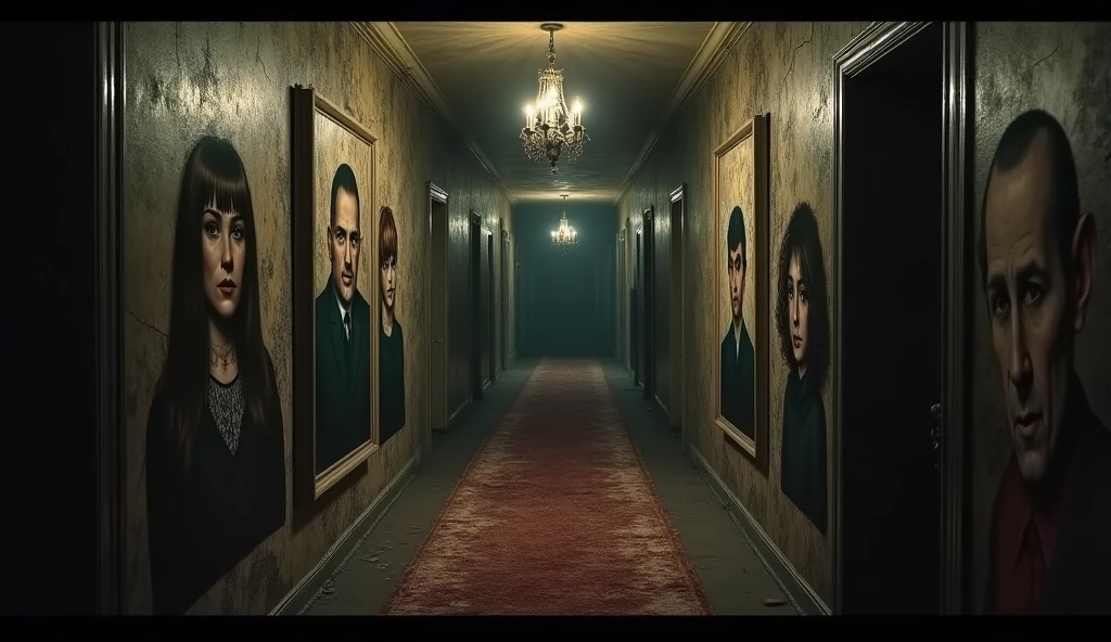 A long, dark hallway with a worn carpet running across the floor. The walls are adorned with old, cracked paintings depicting members of the Whittaker family with grim expressions. Whispers seem to echo from all sides, and the dim light of a chandelier sways unsettlingly.