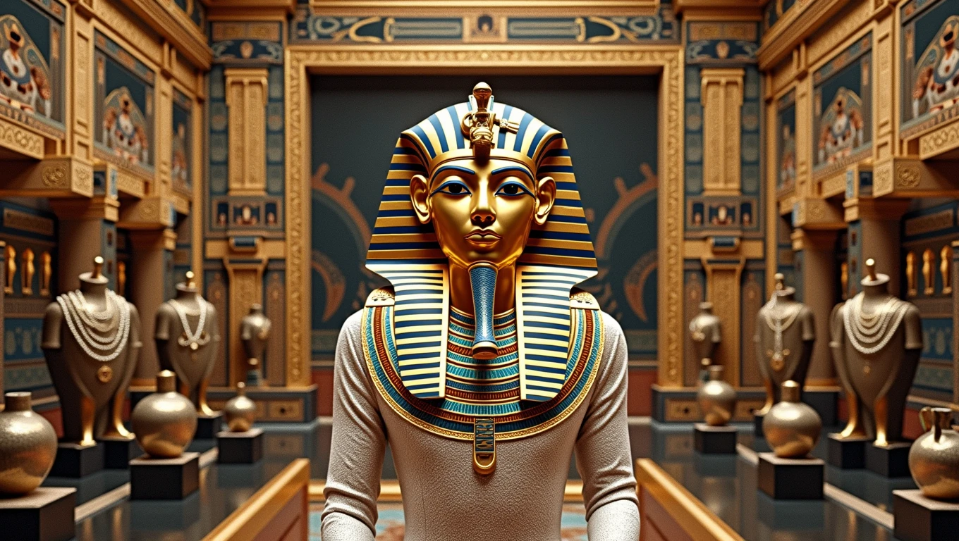 A stunning cinematic scene of Tutankhamun's tomb wearing a golden death mask and blue details and precious stones, full of gold and precious stones. The large chamber displays a dazzling array of jewelry and precious stone necklaces, beautiful vases reflecting the opulence and wealth of ancient Egypt. The walls are adorned with intricate hieroglyphs and the ceiling displays a beautifully crafted mural. The atmosphere of the scene is rich in history and luxury, evoking a sense of wonder and awe., cinematic, architecture