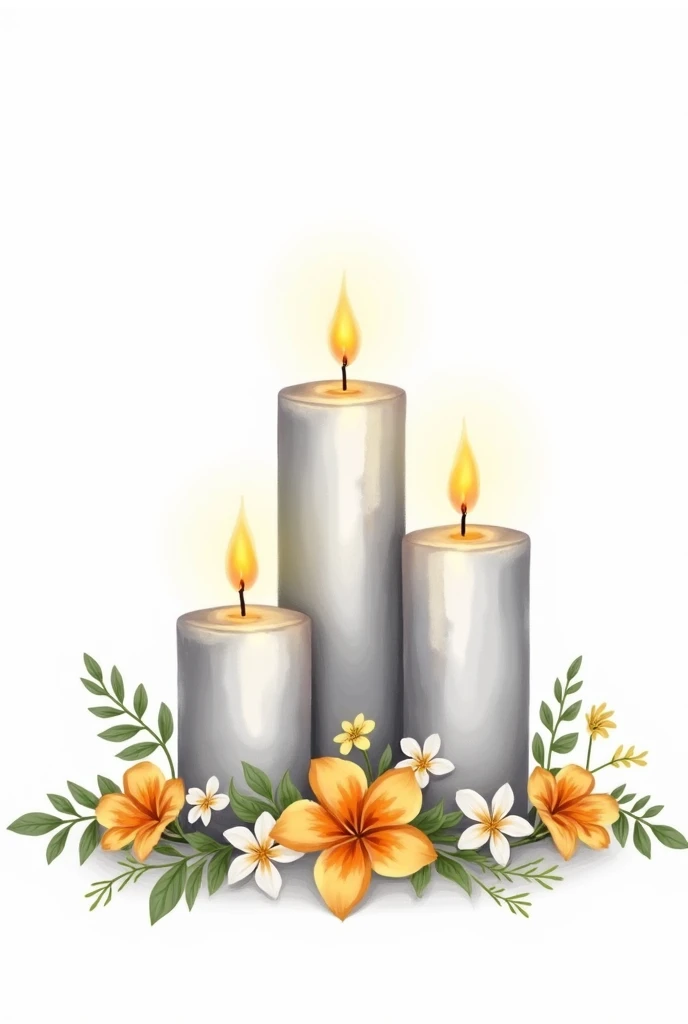 Generate an image of 3 silver candles, yellow and orange, with flowers below the candles, WITH WHITE BACKGROUND. hand-drawn.