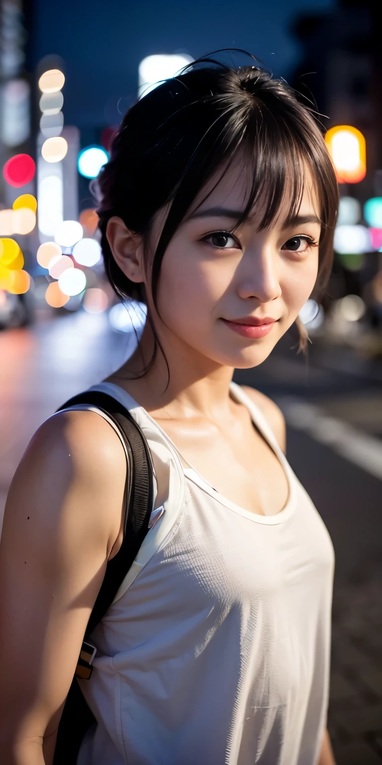 1 person, Tokyo Street,night, Streetscape,City lights,Upper Body,close,smile,, (8k, RAW Photos, Highest quality, masterpiece:1.2),(Realistic, photo-Realistic:1.37),