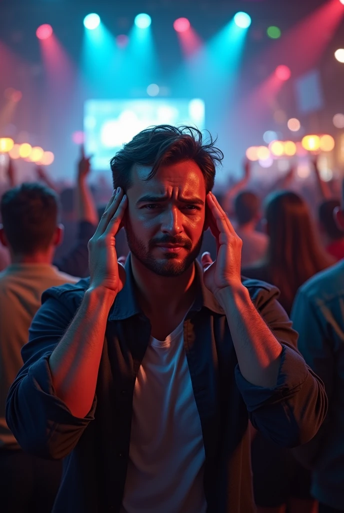 An adult autistic man covering his ears with people in the background listening to loud music
