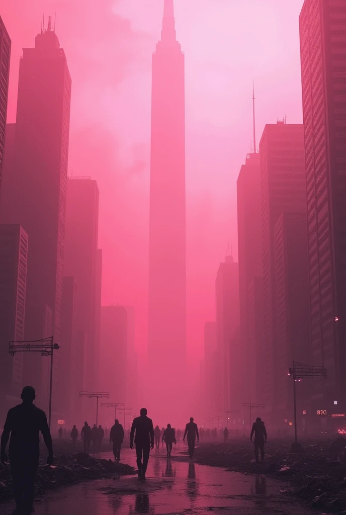 Draw a city covered in pink poisonous gas